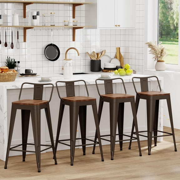 Industrial Rusty Bar Stools Set of 4, 24" Counter Height, Wooden Seat, Removable Back, Stackable
