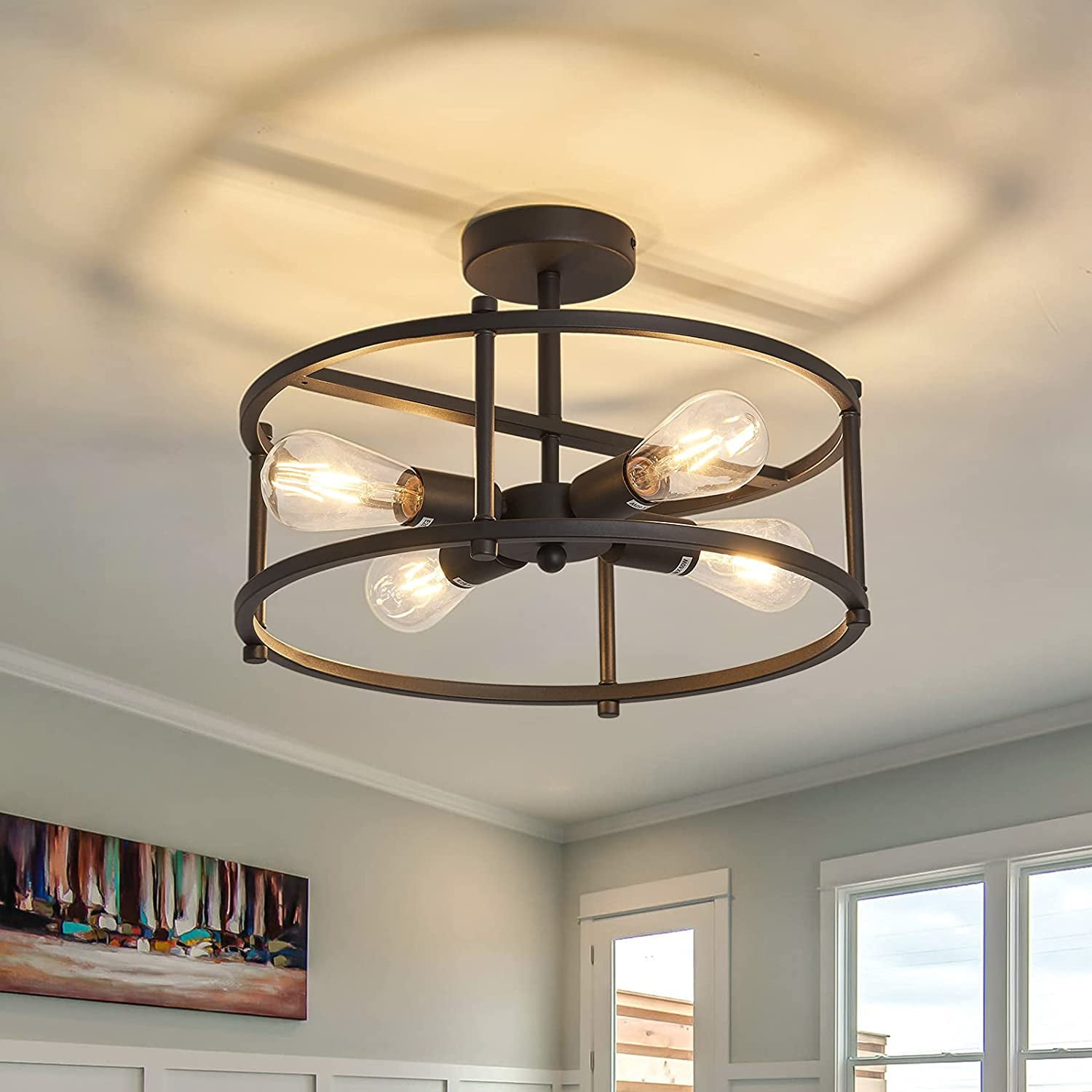 Industrial Semi Flush Mount Ceiling Light,4 Light Rustic Metal Ceiling ...