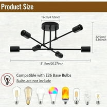Industrial Semi Flush Mount Ceiling Light, 6-Lights Black Sputnik Chandelier For Courtyard Lighting, E26 Bulb Base, Bulbs No Included