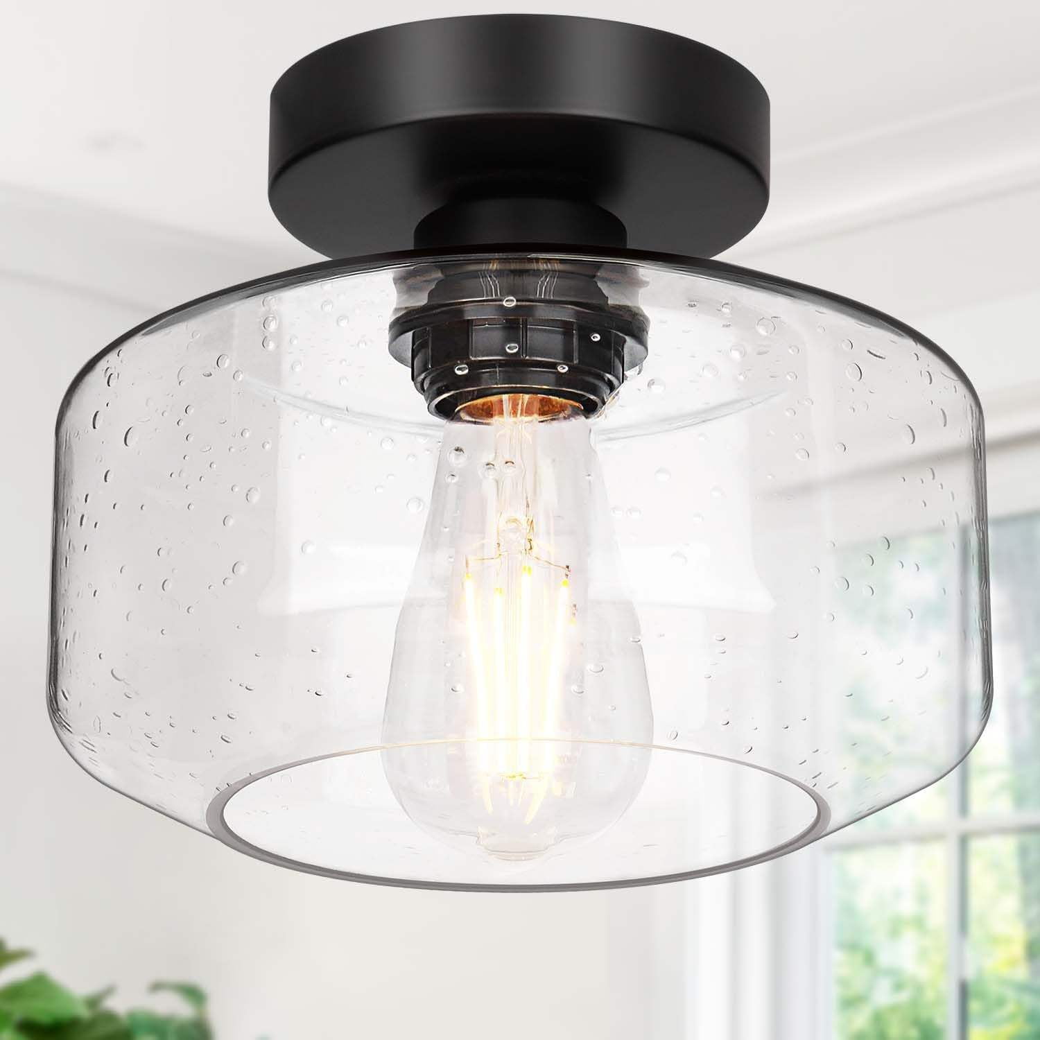Black Chrome Industrial Semi Flush Mount Ceiling Light with Clear Glass Shade