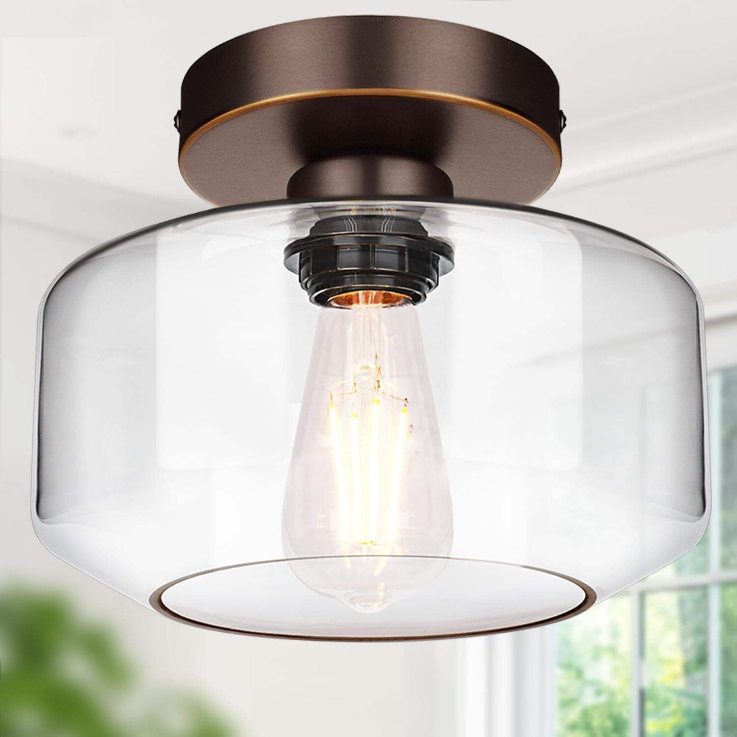 Black Chrome Industrial Semi Flush Mount Ceiling Light with Clear Glass Shade