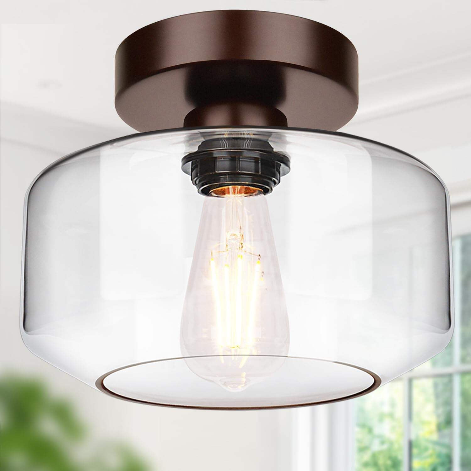 Black Chrome Industrial Semi Flush Mount Ceiling Light with Clear Glass Shade