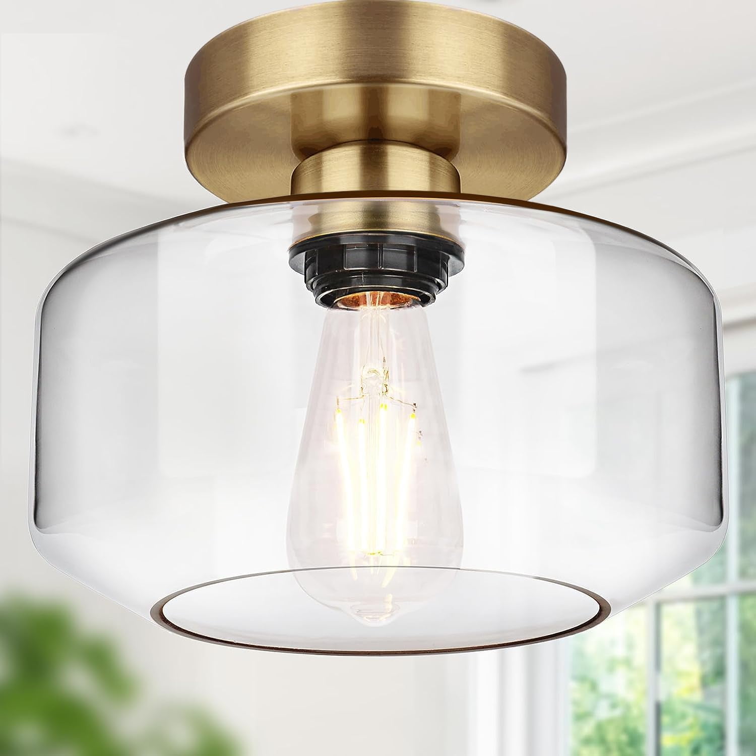 Black Chrome Industrial Semi Flush Mount Ceiling Light with Clear Glass Shade