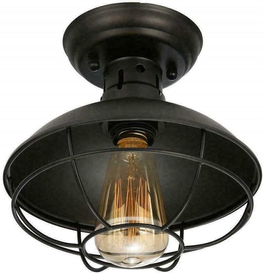 Industrial Semi Flush Mount Ceiling Light Rustic Farmhouse Ceiling Lamp Chandelier Black Metal Cage Close to Ceiling Lamp E27 Base for Hallway Foyer Kitchen Porch