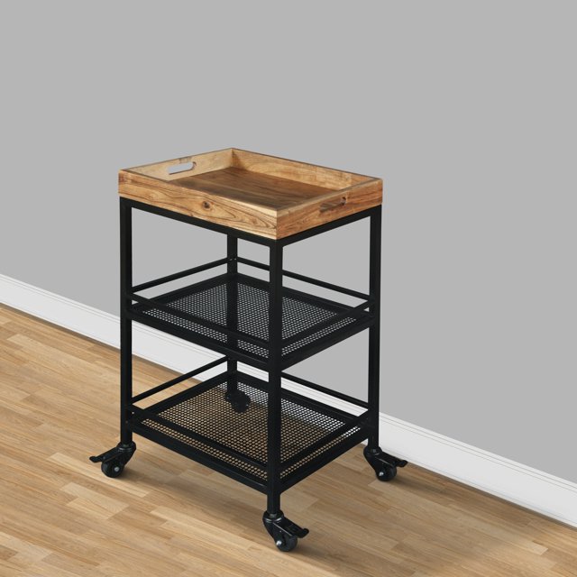 Industrial Serving Cart with 3 Tier Storage and Metal Frame, Brown and