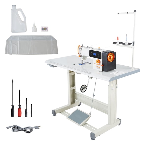 Industrial Sewing Machine, 550W Lockstitch Sewing Machine Set with Servo Motor and Table Stand, 5000 SPM High Speed, Metal Frame, LCD Panel, LED Light, for Cotton, Wool, Denim, Leather, Canvas