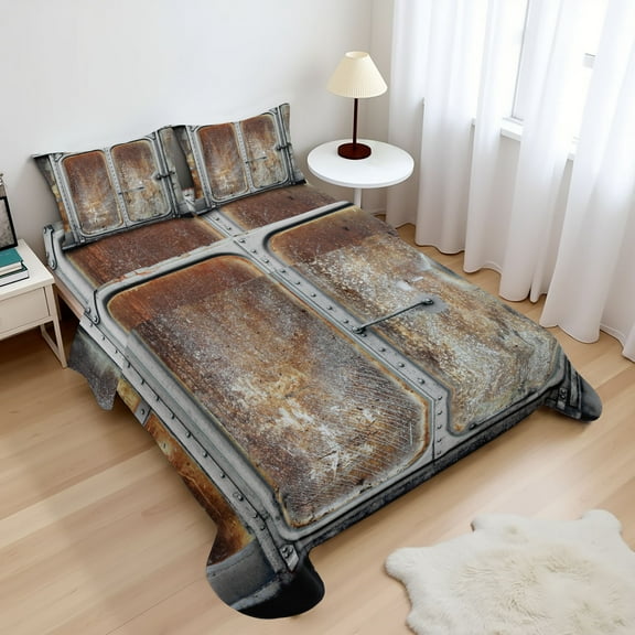 Ambesonne Vintage Fitted & Top Sheet Set with Shams, Power Locomotive Train, Grey Brown