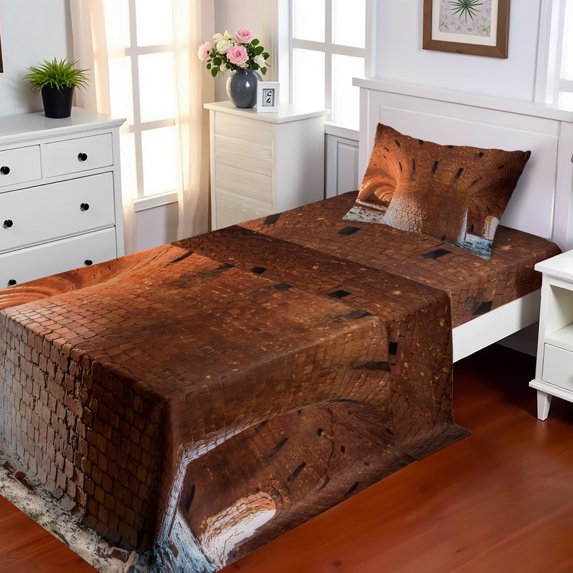 Industrial Sheet Set, Wide Angle View of Old Wall Abandoned Brick Factory Building Development in Science, Fitted and Flat Sheet Pillowcase Bedding Accent 3 Piece Set, Twin XL, Orange, by Ambesonne
