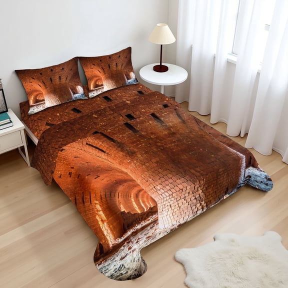 Ambesonne Orange Fitted & Top Sheet Set with Shams, Old Brick Factory Wall, Orange