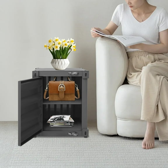 Industrial Container-Style Side Table with Locking Storage for Living Room & Bedroom
