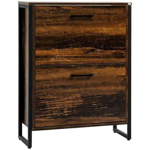 Industrial Shoe Storage , Rustic Brown - 12 Pairs Cabinet With 2 Flip Doors & Tabletop For Hallway, Slim Entryway Rack, Drawers, Space Efficient Design