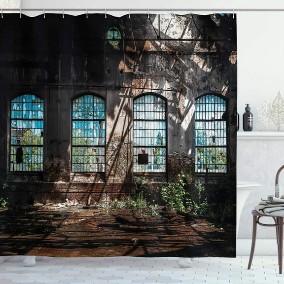 Industrial Shower Curtain Steampunk Style Antique Composition Brass Fastening Round Cloth Fabric Bathroom Decor Set with