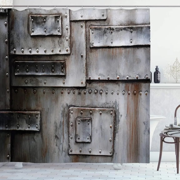 Industrial Shower Curtain Steampunk Style Antique Composition Brass Fastening Round Cloth Fabric Bathroom Decor Set with