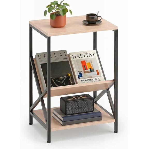 Industrial Side Table, 3-Tier Accent End Table with Small Book Record Shelve, Metal Frame, Scratch-Resistant Top, Small Bookcase, Record Player Stand for Living Room, Bedroom (1, Beech)