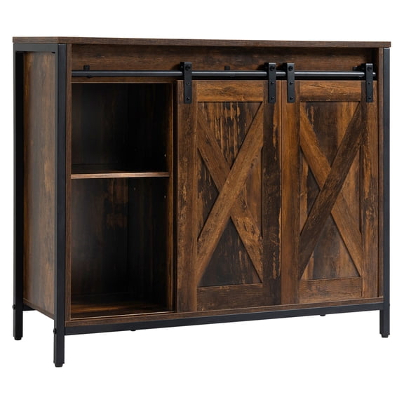 Industrial Sideboard Buffet Cabinet, Coffee Bar Storage, Kitchen Cabinet with Barn Doors, Living Room Accent, Rustic Brown