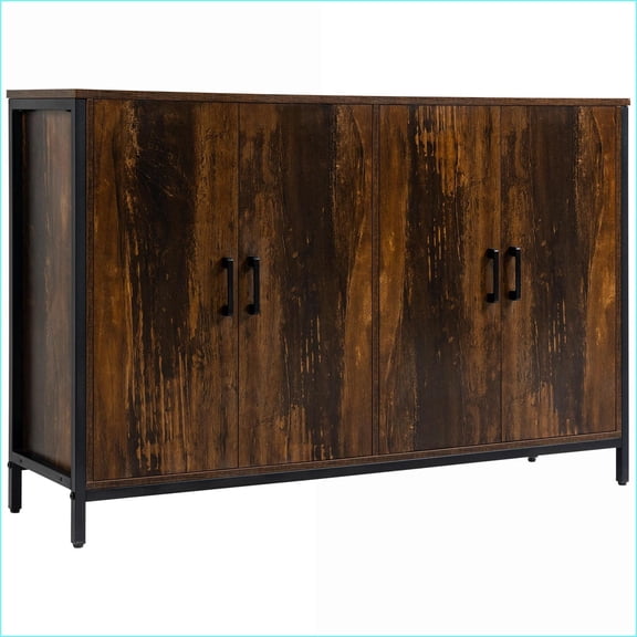 Industrial Sideboard Buffet Cabinet with Doors & Adjustable Shelves, Rustic Brown | MDF+Steel