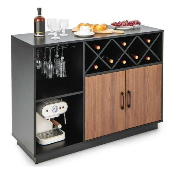 Industrial Sideboard Cabinet with Wine Rack & Glass Holder, Black/Brown, 45.5" Buffet Server for Kitchen & Dining Room Black, Brown