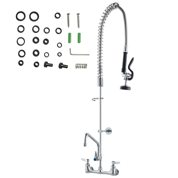 Industrial Sink Faucet, 44" Tall, 8" Apart, 12" Rotating Spout, Wall Mounted, Brass Made with Extendable Sprayer, Fits Single/Triple Sinks