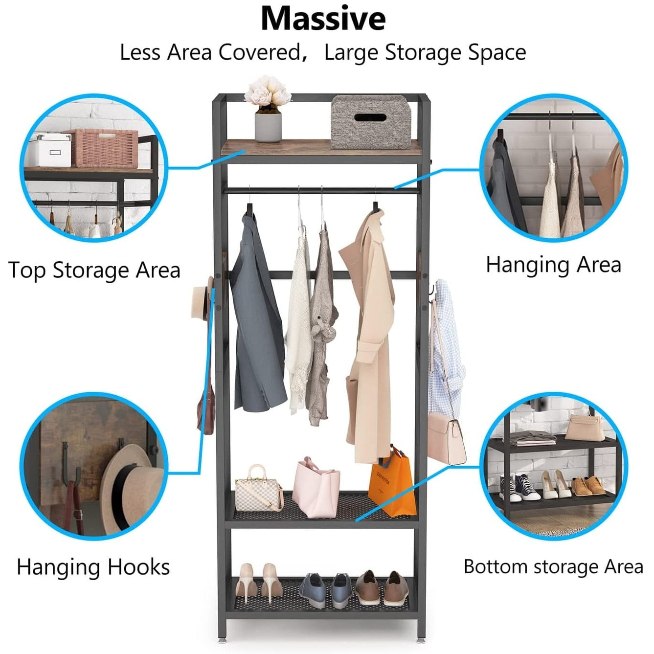 Industrial Rustic Brown Walnut Freestanding Closet Organizer with Shelves