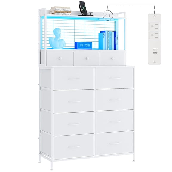 Industrial Smart Dresser with 11 Fabric Drawers, Built-in Charging Station & Wireless Charger, App-Controlled RGB LED Lights & Anti-Tip Design, Bedroom Storage Organizer - White