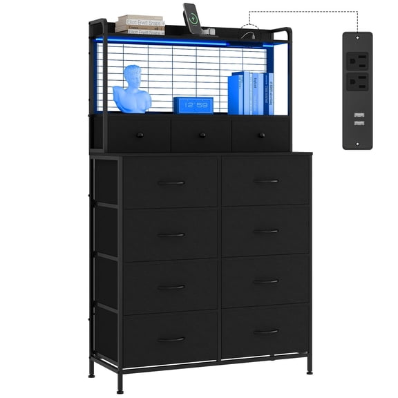 Industrial Smart Dresser with 11 Fabric Drawers, Built-in Charging Station & Wireless Charger, App-Controlled RGB LED Lights & Anti-Tip Design, Bedroom Storage Organizer - Black