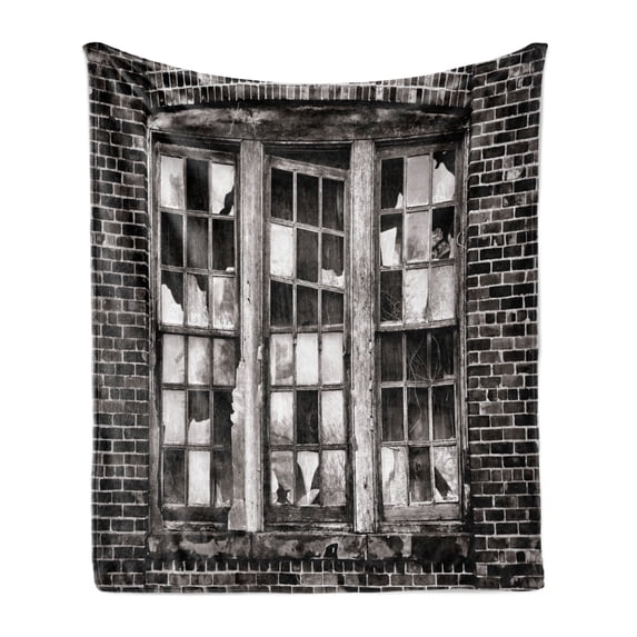 Industrial Soft Flannel Fleece Blanket, Broken Window Missing Glass Pane Derelict Blight Factory Brick Wall, Cozy Plush for Indoor and Outdoor Use, 50" x 60", Charcoal Grey Pale Grey, by Ambesonne