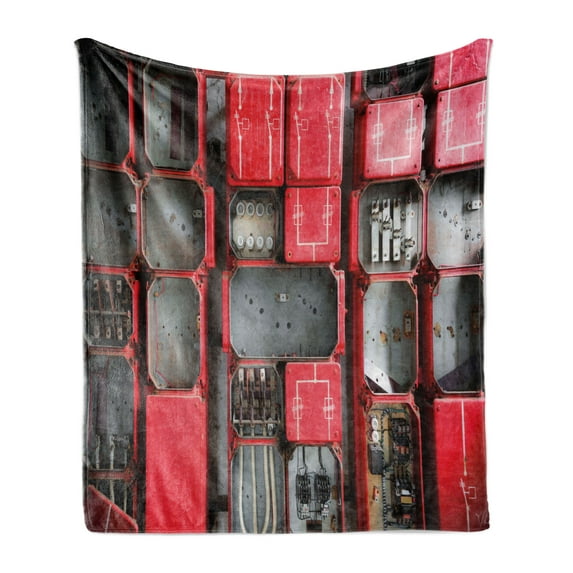Industrial Soft Flannel Fleece Blanket, Fuse Cabinet Close up Photo Industrial Type Junction Cables Box Electricity, Cozy Plush for Indoor and Outdoor Use, 70" x 90", Red White Grey, by Ambesonne