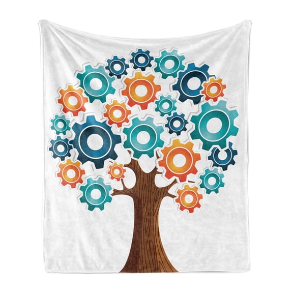 Industrial Soft Flannel Fleece Blanket, Innovation Gears Concept Tree System Nature Cooperation Start up Modern Graphic, Cozy Plush for Indoor and Outdoor Use, 70" x 90", Multicolor, by Ambesonne