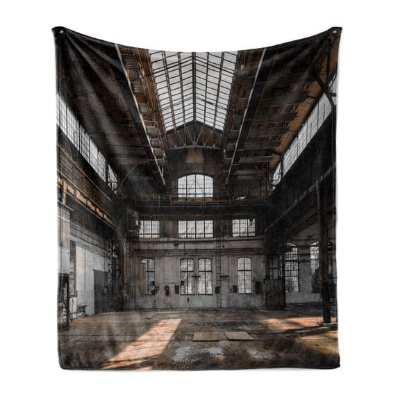 Industrial Soft Flannel Fleece Blanket, Inside a Hangar Old Architecture Construction Urban Life Timeworn Windows, Cozy Plush for Indoor and Outdoor Use, 50" x 60", Brown White Grey, by Ambesonne
