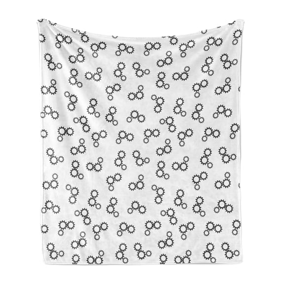 Industrial Soft Flannel Fleece Blanket, Machine Gears Pattern in Minimalist Toned Engineering Mechanical Design, Cozy Plush for Indoor and Outdoor Use, 70" x 90", Dark Grey and White, by Ambesonne