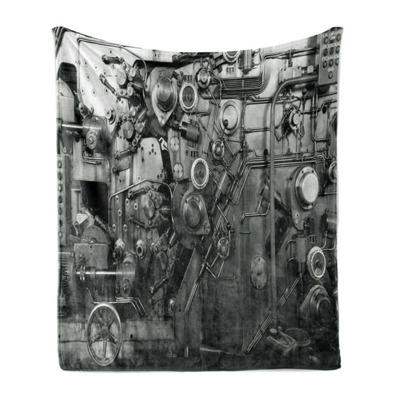 Industrial Soft Flannel Fleece Blanket, Modern Times Detail of Rusted Machine in Factory Physical Equipment Process, Cozy Plush for Indoor and Outdoor Use, 50" x 70", Black and White, by Ambesonne