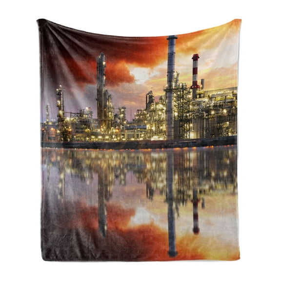 Industrial Soft Flannel Fleece Blanket, Oil Refinery Petrochemical Industry Water Reflection and Dramatic Sky Twilight, Cozy Plush for Indoor and Outdoor Use, 50" x 70", Multicolor, by Ambesonne