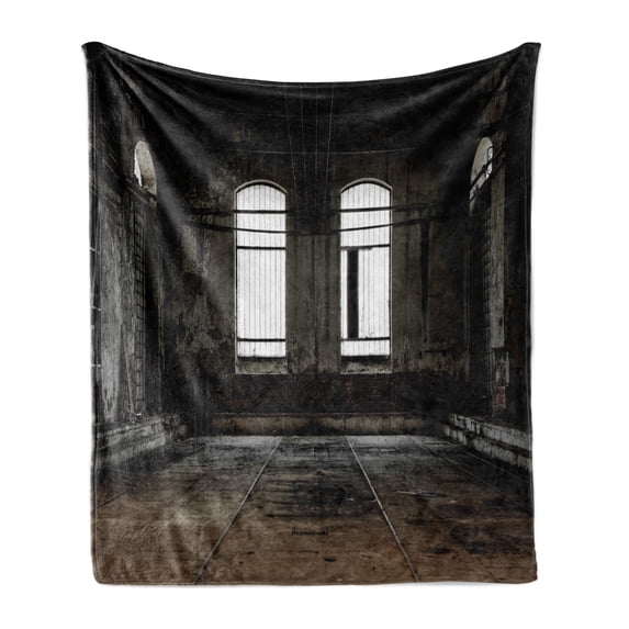 Industrial Soft Flannel Fleece Blanket, Vintage Style Grunge Floor Walls and Windows Messy Aged Wrecked Workshop, Cozy Plush for Indoor and Outdoor Use, 70" x 90", White Dark Brown, by Ambesonne