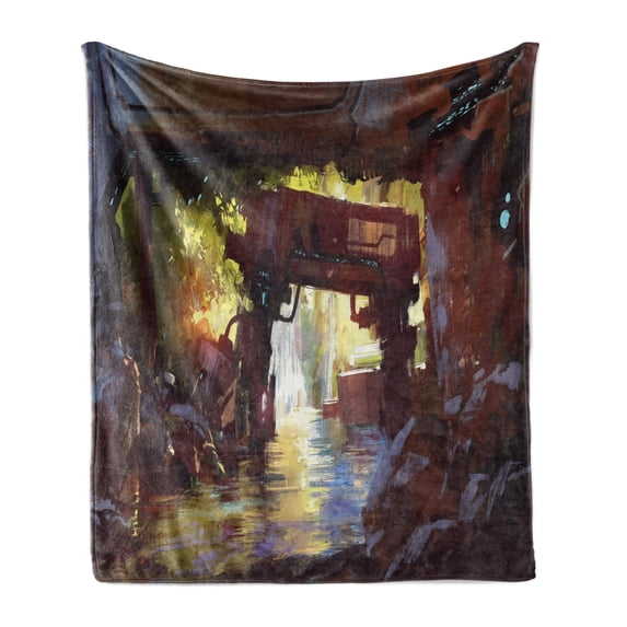 Industrial Soft Flannel Fleece Blanket, Watercolor Artwork Futuristic Forest Old Machine in Deep in the Woods Waterfall, Cozy Plush for Indoor and Outdoor Use, 70" x 90", Multicolor, by Ambesonne