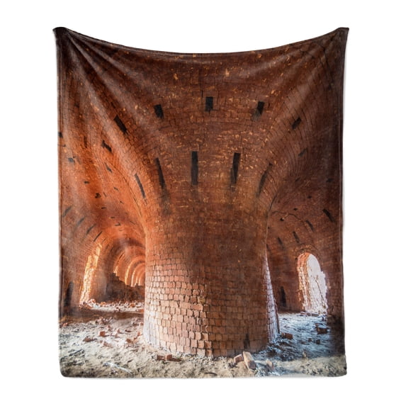 Industrial Soft Flannel Fleece Blanket, Wide Angle View of Old Wall Abandoned Brick Factory Building Development in Science, Cozy Plush for Indoor and Outdoor Use, 50" x 70", Orange, by Ambesonne