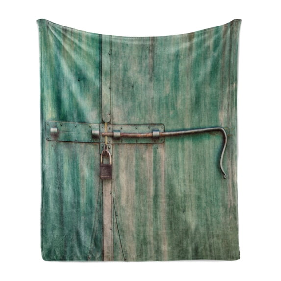 Industrial Soft Flannel Fleece Throw Blanket, Aged and Closed Door with a Lock Close up View in Retro Style Entrance Photo, Cozy Plush for Indoor and Outdoor Use, 60" x 80", Green Brown, by Ambesonne