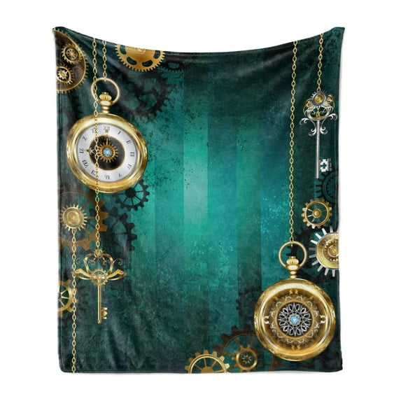 Industrial Soft Flannel Fleece Throw Blanket, Antique Items Watches Keys and Chains Steampunk Influences Illustration, Cozy Plush for Indoor and Outdoor Use, 60" x 80", Multicolor, by Ambesonne