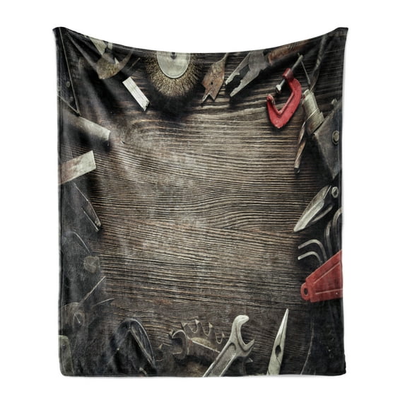 Industrial Soft Flannel Fleece Throw Blanket, Grungy Tools on a Wooden Board Manual Manufacturing Repairing in Workshop, Cozy Plush for Indoor and Outdoor Use, 50" x 60", Brown Grey Red, by Ambesonne