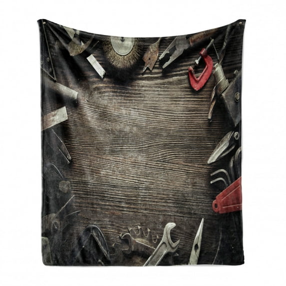 Industrial Soft Flannel Fleece Throw Blanket, Grungy Tools on a Wooden Board Manual Manufacturing Repairing in Workshop, Cozy Plush for Indoor and Outdoor Use, 60" x 80", Brown Grey Red, by Ambesonne