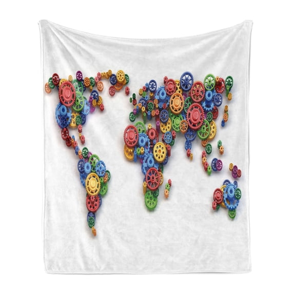 Industrial Soft Flannel Fleece Throw Blanket, Map of the World Colorful Gears Design Global Economy Concept Artwork Print, Cozy Plush for Indoor and Outdoor Use, 70" x 90", Multicolor, by Ambesonne