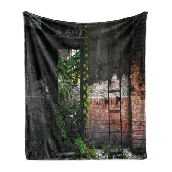 Industrial Soft Flannel Fleece Throw Blanket, Old Door Opening in a Desolate Industry Building Brick Wall with Ivy Plants, Cozy Plush for Indoor and Outdoor Use, 50" x 70", Multicolor, by Ambesonne