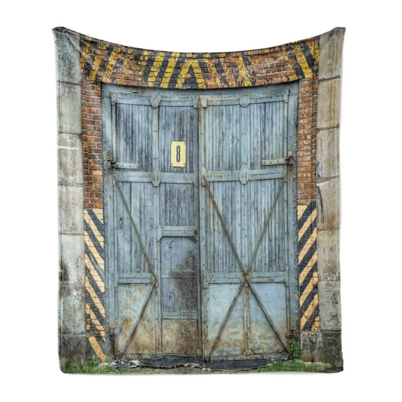 Industrial Soft Flannel Fleece Throw Blanket, Old Wooden Factory Gate Warning Signs Change Modern Techno Theme Print, Cozy Plush for Indoor and Outdoor Use, 50" x 70", Multicolor, by Ambesonne