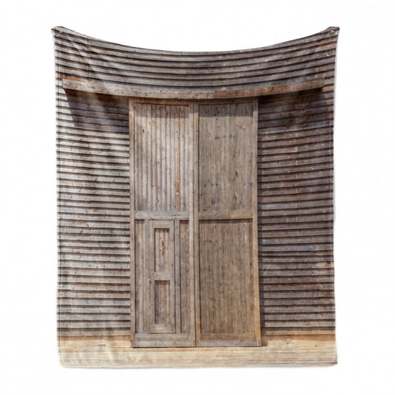 Industrial Soft Flannel Fleece Throw Blanket, Old Wooden Timber Oak Barn Door Farmhouse Countryside Rural House Village Print, Cozy Plush for Indoor and Outdoor Use, 50" x 60", Brown, by Ambesonne
