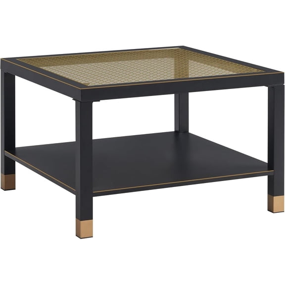 Industrial Square Coffee Table - 27.6" Matte Black Steel Frame & Gold Mesh Glass Top