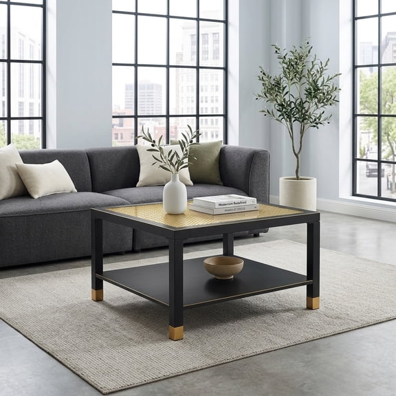 Industrial Square Coffee Table - Matte Black Metal Frame & Gold Mesh Glass Top