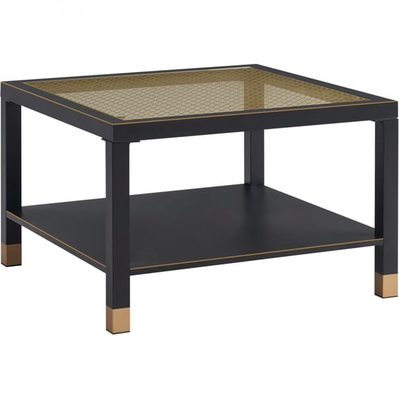 Industrial Square Coffee Table Matte Black Steel Frame Gold Mesh Glass Top