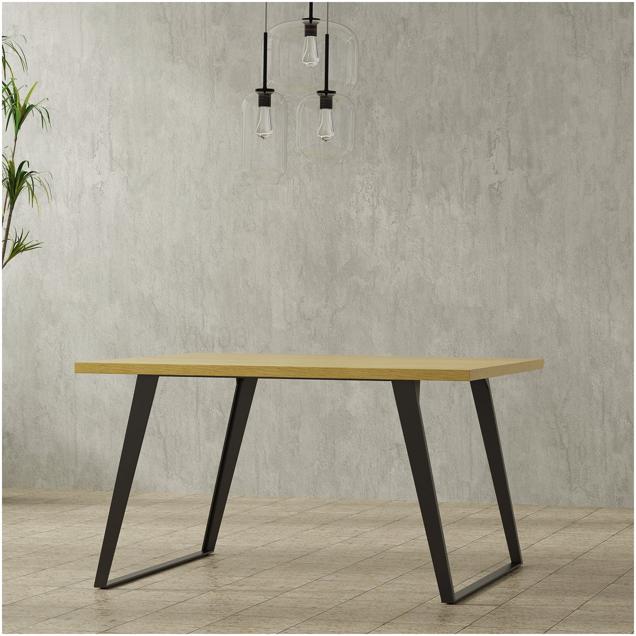 Industrial Square Dining Table with Solid Oak Veneer Top, Brown Finish ...
