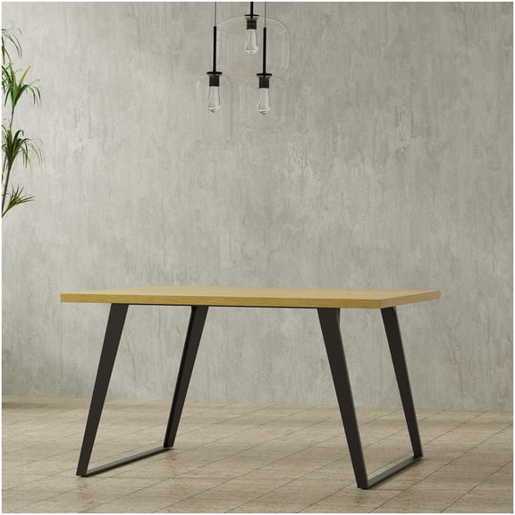 Industrial Square Dining Table with Solid Oak Veneer Top, Brown Finish and Grey Metal Base