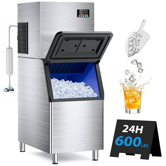 Industrial Stainless Steel Ice Maker - 580LBS/24H Production, 132 Cubes in 5-15 Mins, 12 Adjustable Thickness Settings for Hotel & Restaurant Use