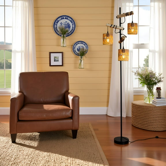 Industrial Standing Lamp for Living Room, 3 Drum handmade Shades Black Corner Rustic Tall Tree Reading Lamps Home Decor for Bedroom, Office